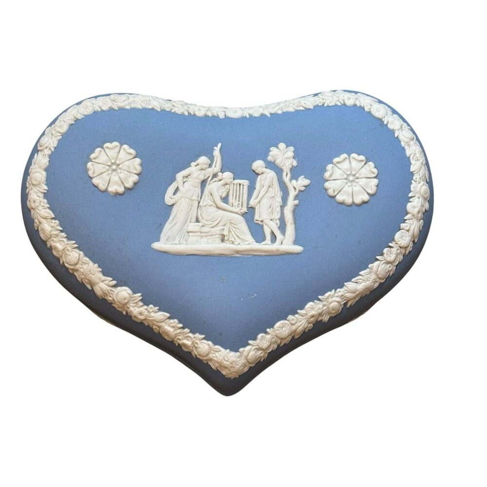 Vintage 1980s Heart Shaped Wedgwood Blue Jasperware Trinket Box